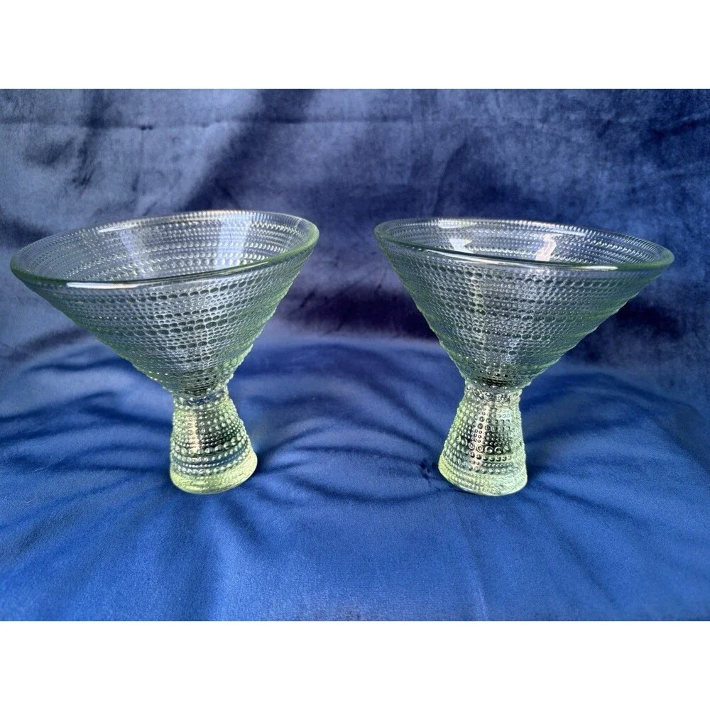 Unmarked Set of 2 Green Textured Glass Martini Glasses 5in Diameter